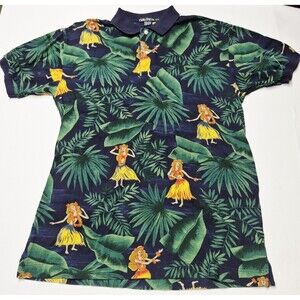 Vtg 90s Nautica AOP Hula Girl Hawaiian Pique Polo Shirt Medium Hong Kong EUC